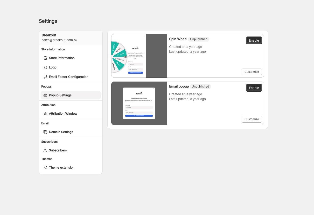 Popup Settings Interface